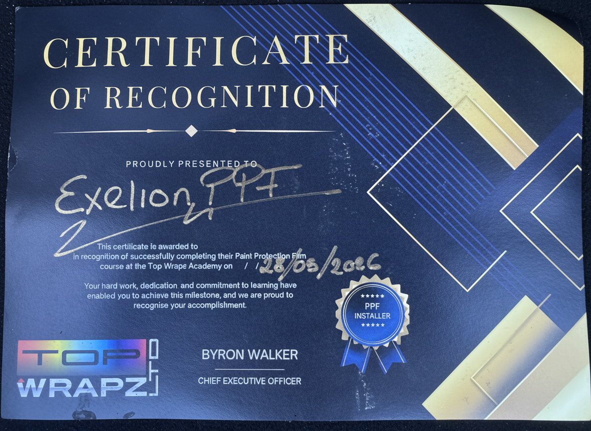 Exelion PPF certified installer certificate — professional PPF training qualification